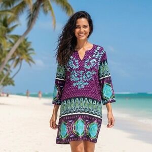 J Peterman Shift Dress Women Small Purple Black Embroidery Geometric Pattern‎